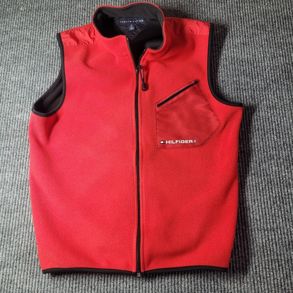 VINTAGE Tommy Hilfiger Red Fleece Vest Mens Medium Full Zip Logo Collar